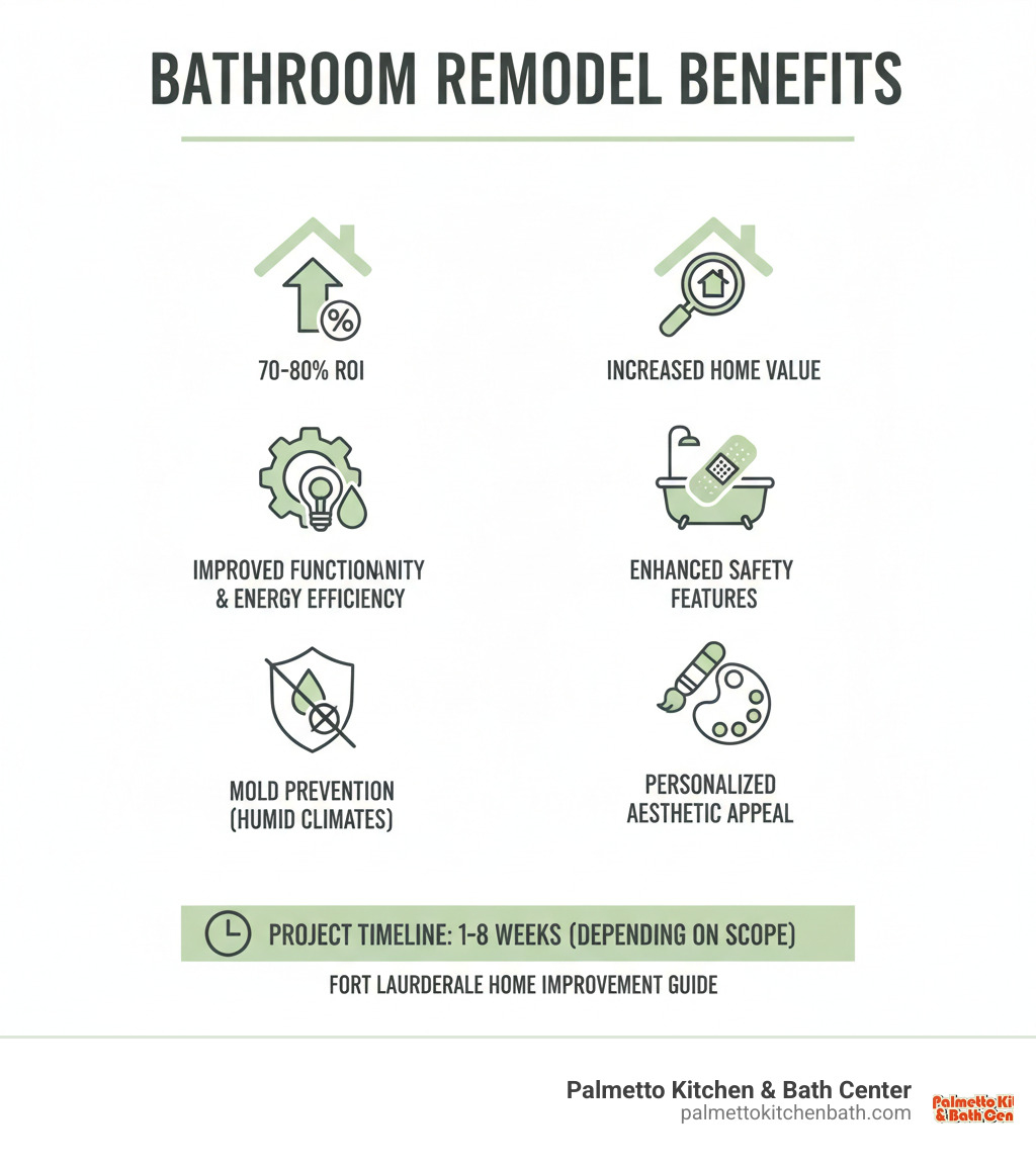 Infographic showing bathroom remodel benefits: 70-80% ROI, increased home value, improved functionality and energy efficiency, mold prevention in humid climates, enhanced safety features, personalized aesthetic appeal, and typical project timeline of 1-8 weeks depending on scope - bathroom contractors Fort Lauderdale infographic 