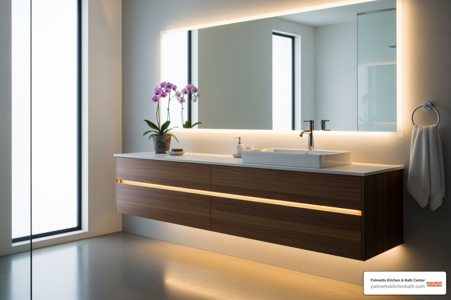 stylish floating vanity with under-cabinet lighting - bathroom contractors Fort Lauderdale