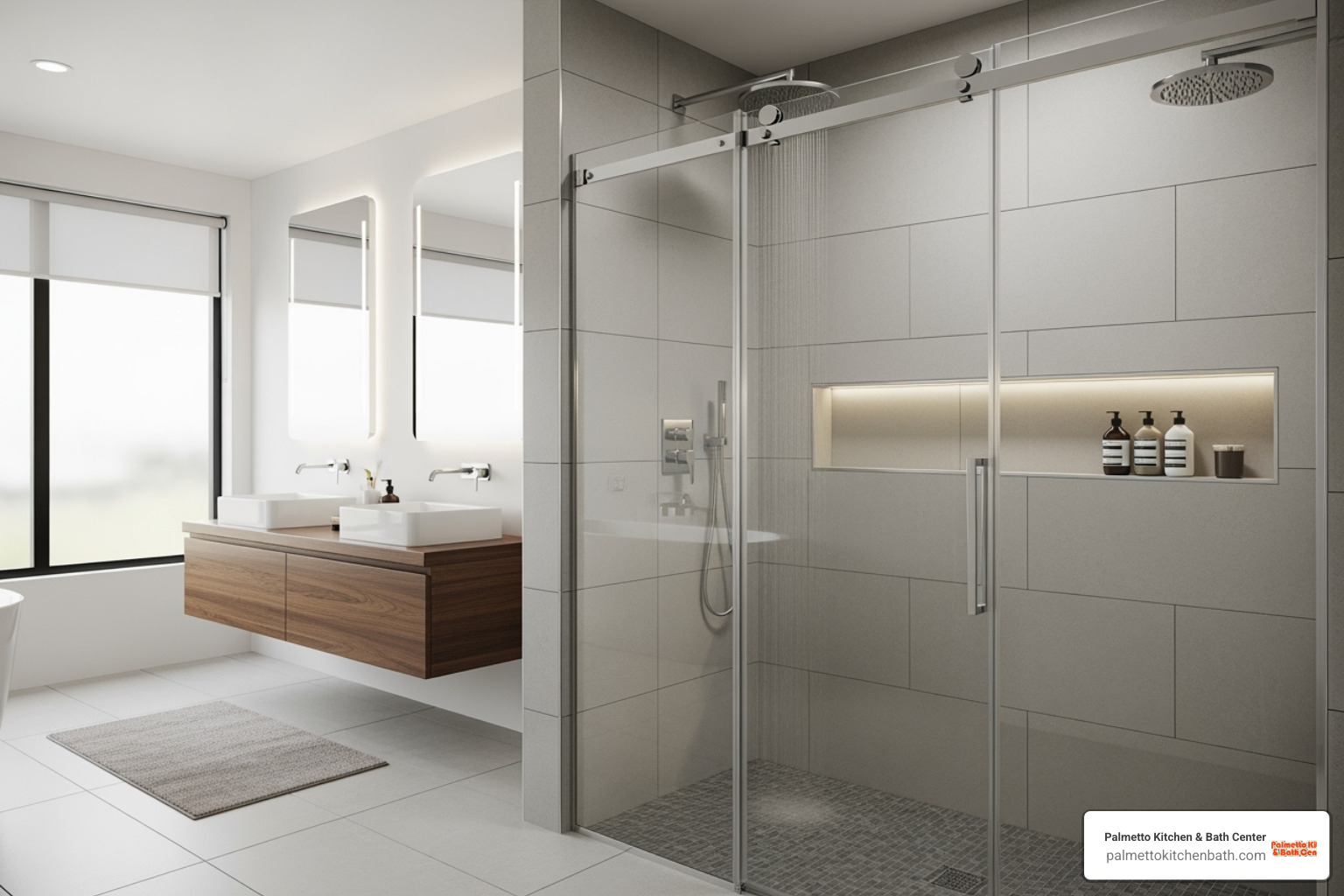 sleek, modern walk-in shower with frameless glass doors - bathroom contractors Fort Lauderdale