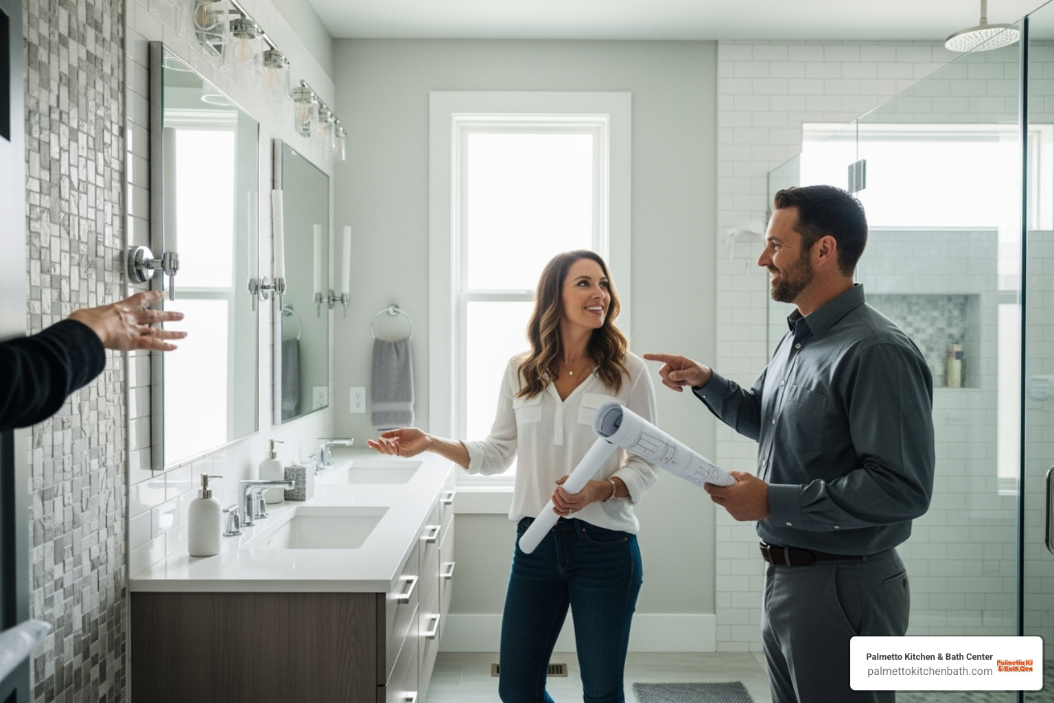 homeowner happily consulting with a contractor in a bathroom space - bathroom contractors Fort Lauderdale