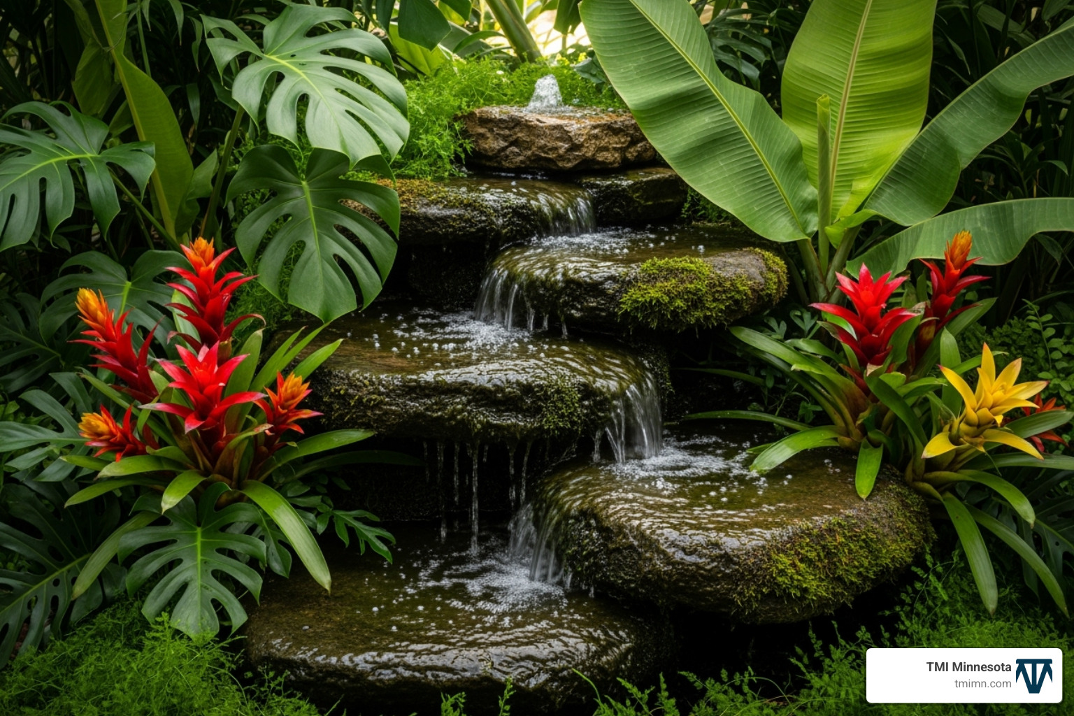 small, bubbling rock fountain surrounded by tropical foliage - Tropical landscape designs small, bubbling rock fountain surrounded by tropical foliage - Tropical landscape designs