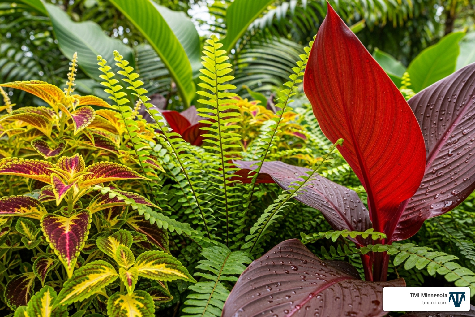 close-up on a variety of tropical plants showing different leaf shapes and colors, like canna lily, coleus, and ferns - Tropical landscape designs close-up on a variety of tropical plants showing different leaf shapes and colors, like canna lily, coleus, and ferns - Tropical landscape designs