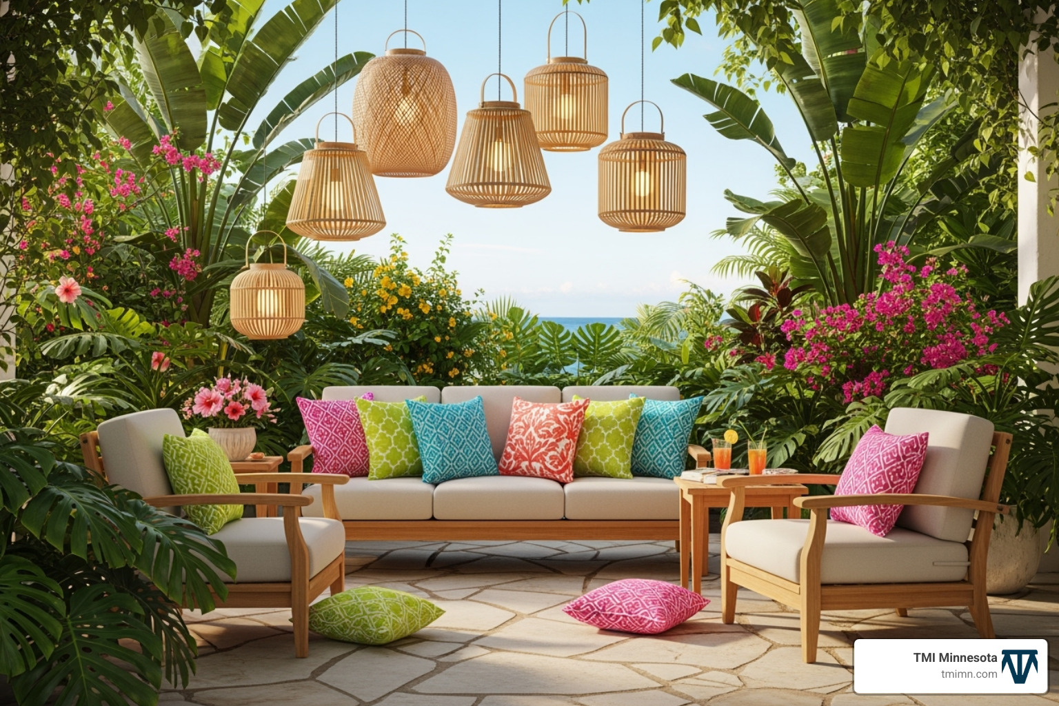 tropical patio with teak furniture, colorful pillows, and hanging lanterns - Tropical landscape designs tropical patio with teak furniture, colorful pillows, and hanging lanterns - Tropical landscape designs