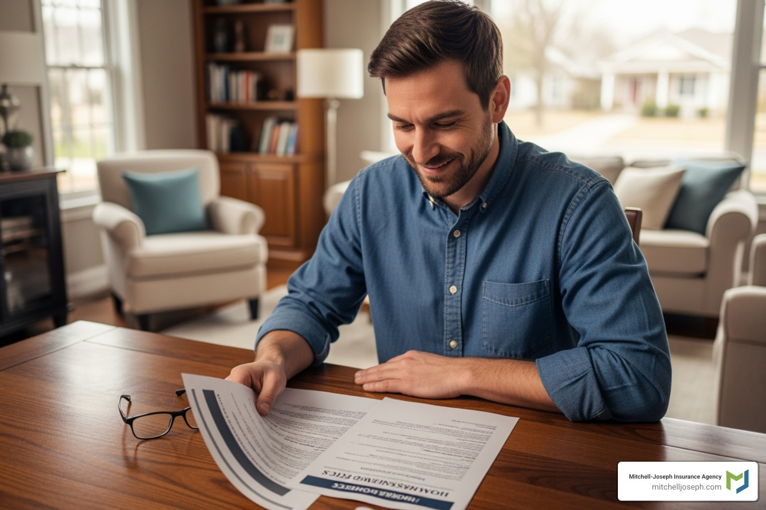 relieved homeowner reviewing insurance policy - do i need exterior water line insurance