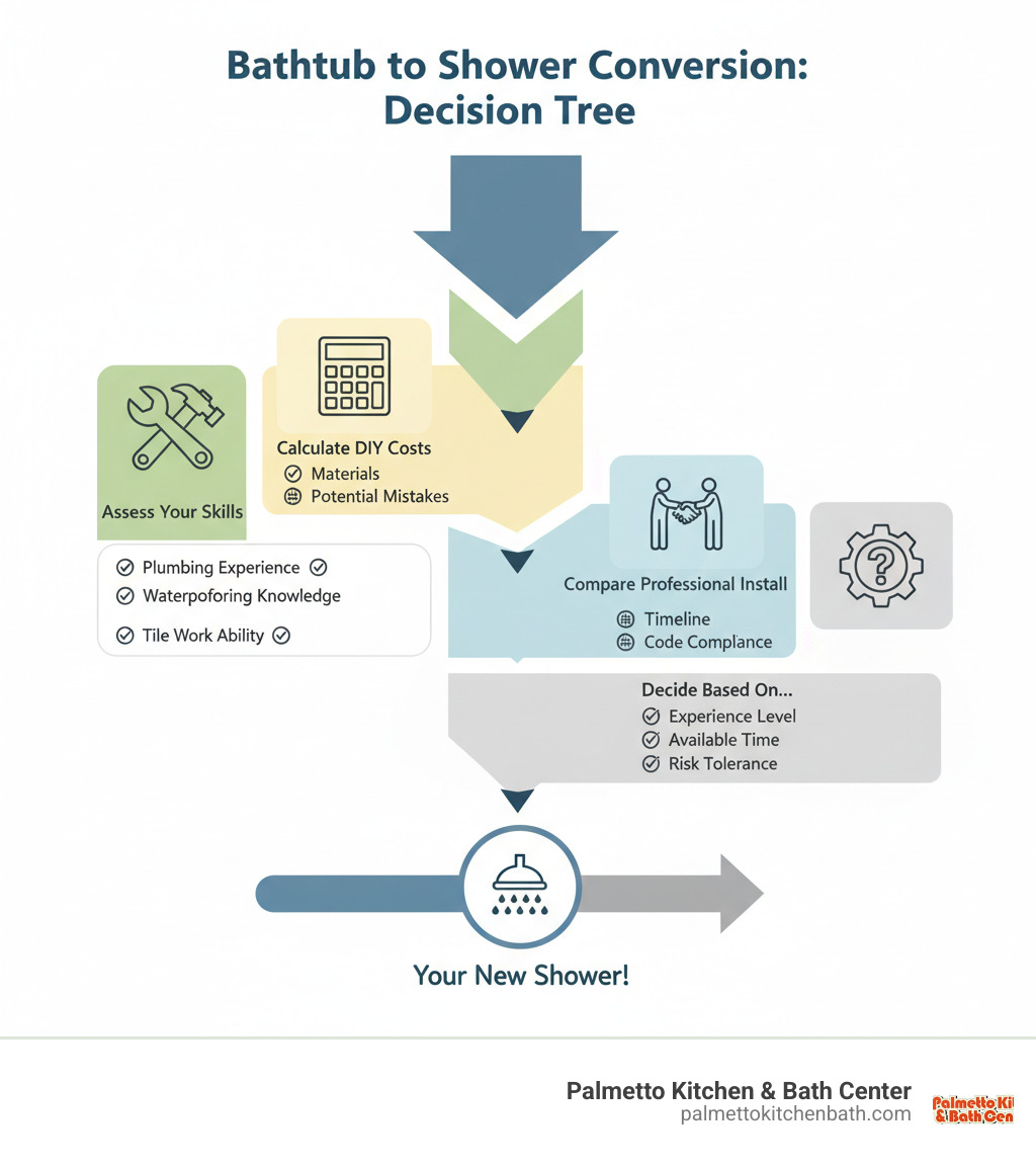 Infographic showing the bathtub to shower conversion decision tree: Step 1 - Assess your skills (plumbing experience, waterproofing knowledge, tile work ability). Step 2 - Calculate true DIY costs (materials, tool rentals, potential mistakes). Step 3 - Compare with professional installation (timeline, warranty, guaranteed code compliance). Step 4 - Decide based on your experience level, available time, and risk tolerance. - bathtub to shower conversion infographic 