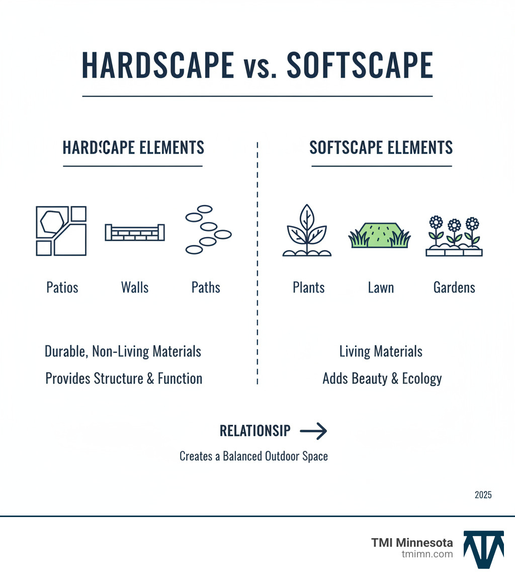 Infographic explaining the key differences and relationship between hardscape elements (patios, walls, paths) and softscape elements (plants, lawn, gardens). - how to install hardscape infographic 