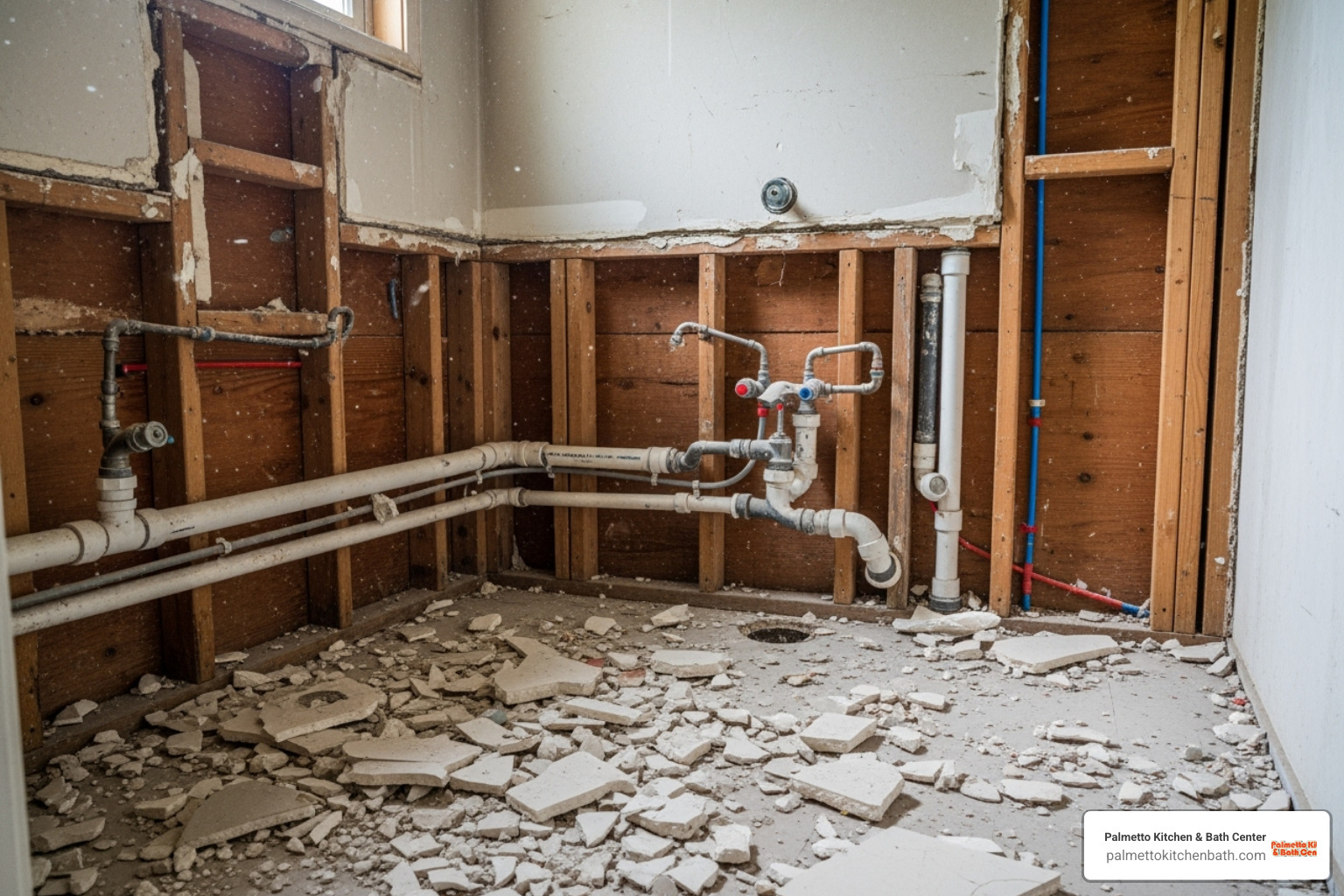 bathroom during the demolition phase with the old tub removed - bathtub to shower conversion