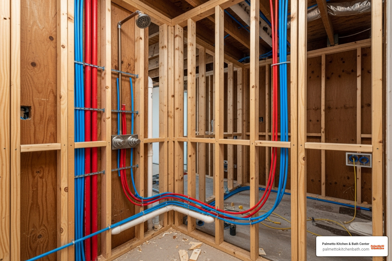 exposed plumbing and new framing - bathtub to shower conversion