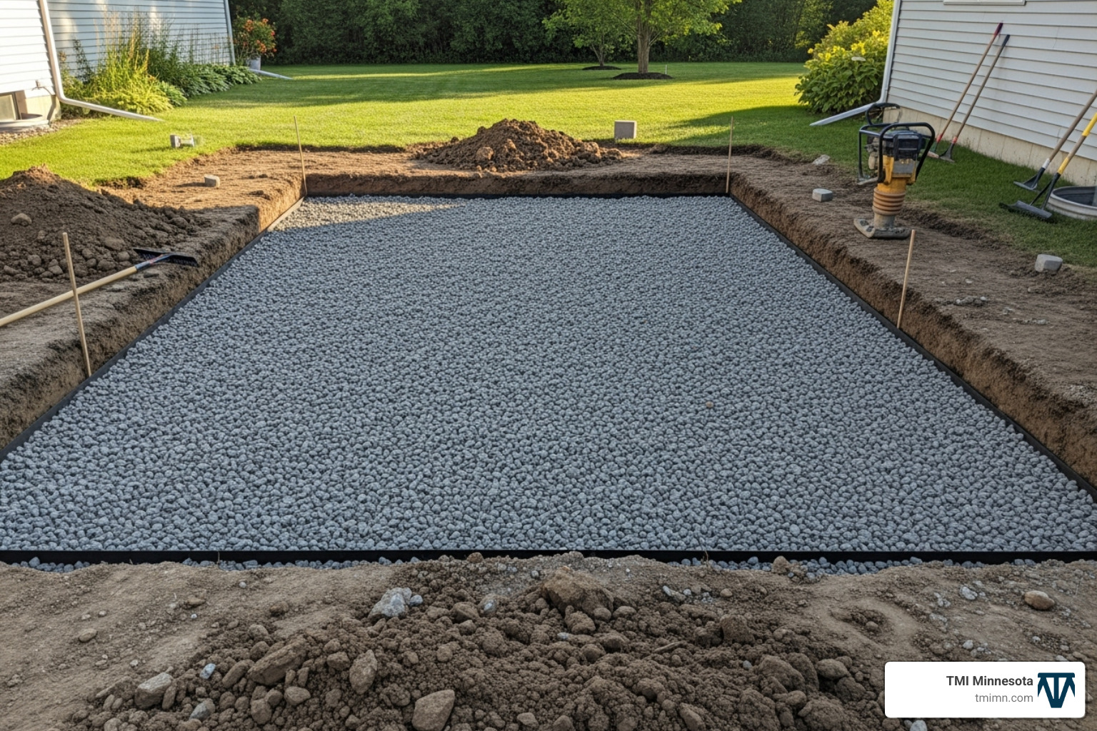 Properly excavated area with a compacted gravel base, showing the depth and level surface. - how to install hardscape