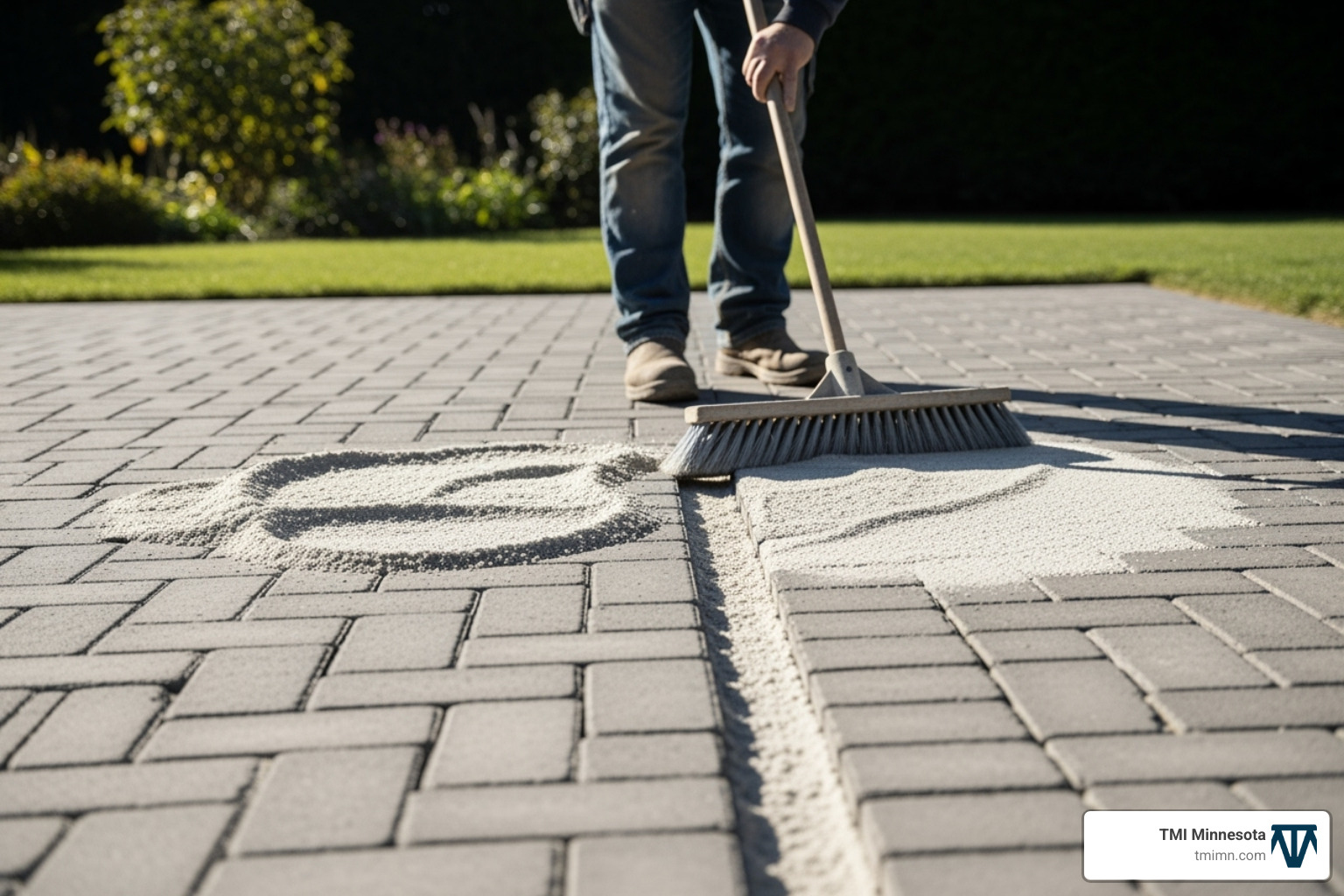 Person sweeping polymeric sand into paver joints. - how to install hardscape