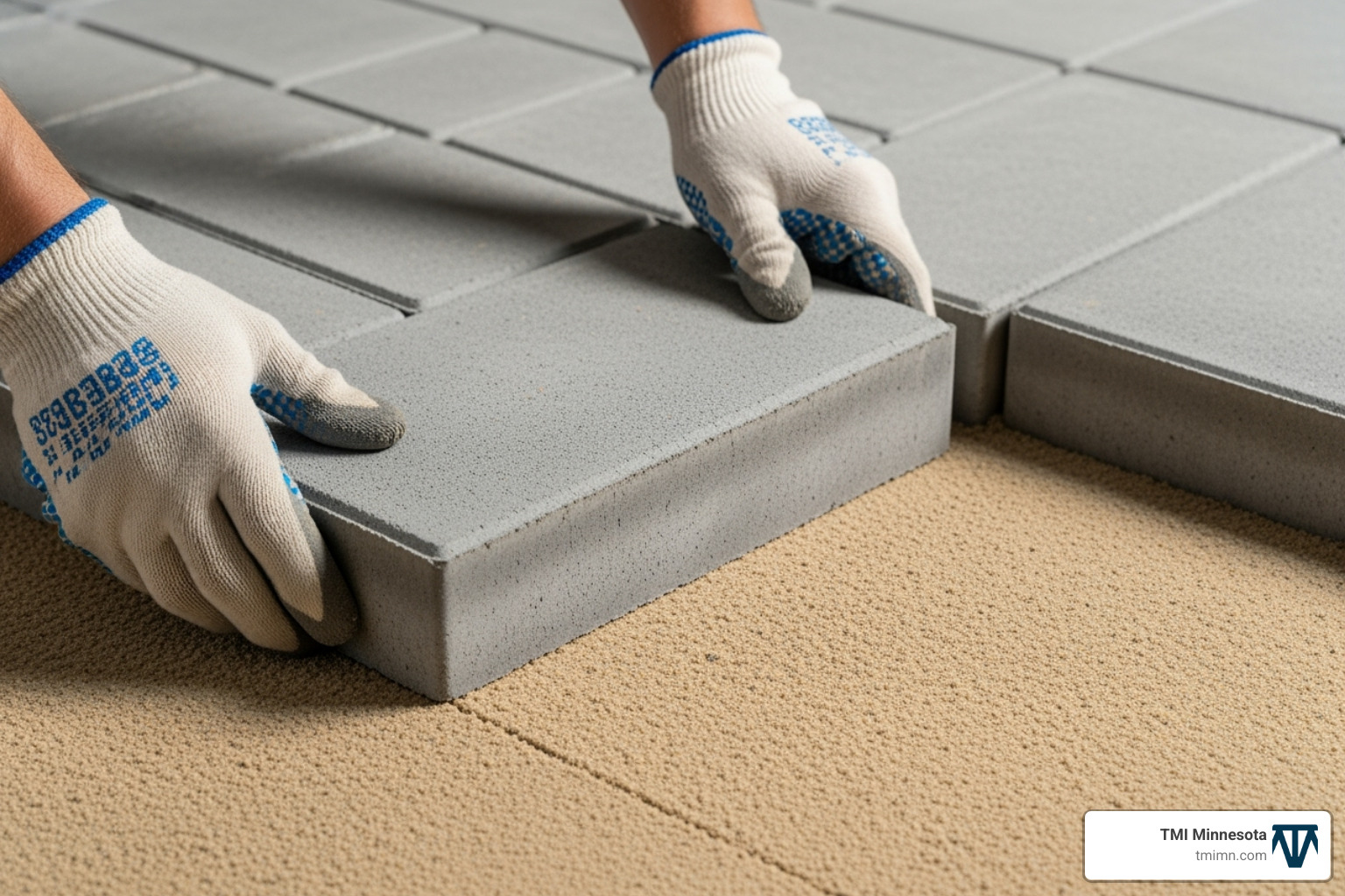 Hands carefully placing a paver onto a sand bed next to other pavers. - how to install hardscape