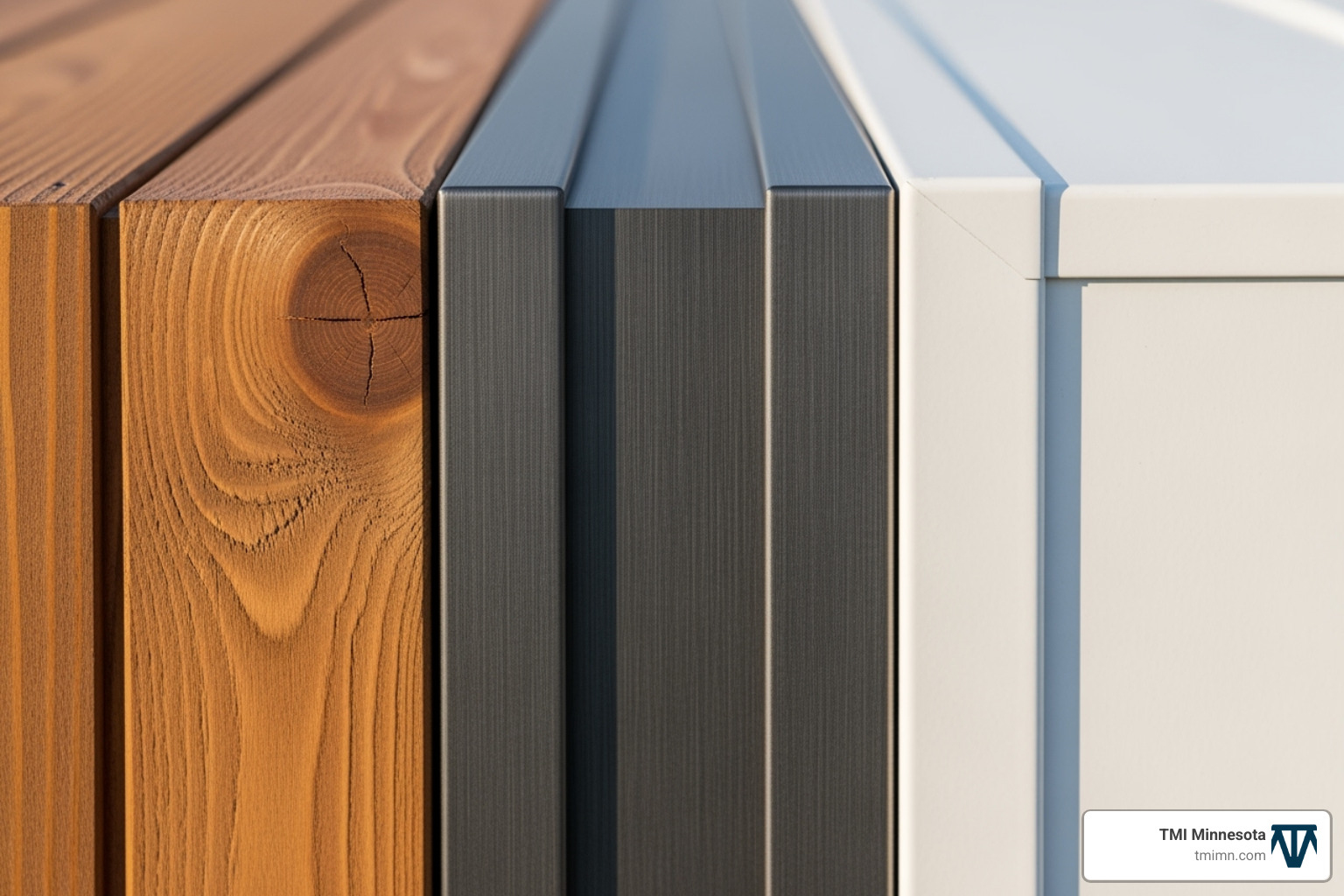 Close-up showing the textures of wood, aluminum, and vinyl pergola materials side-by-side - patio pergola