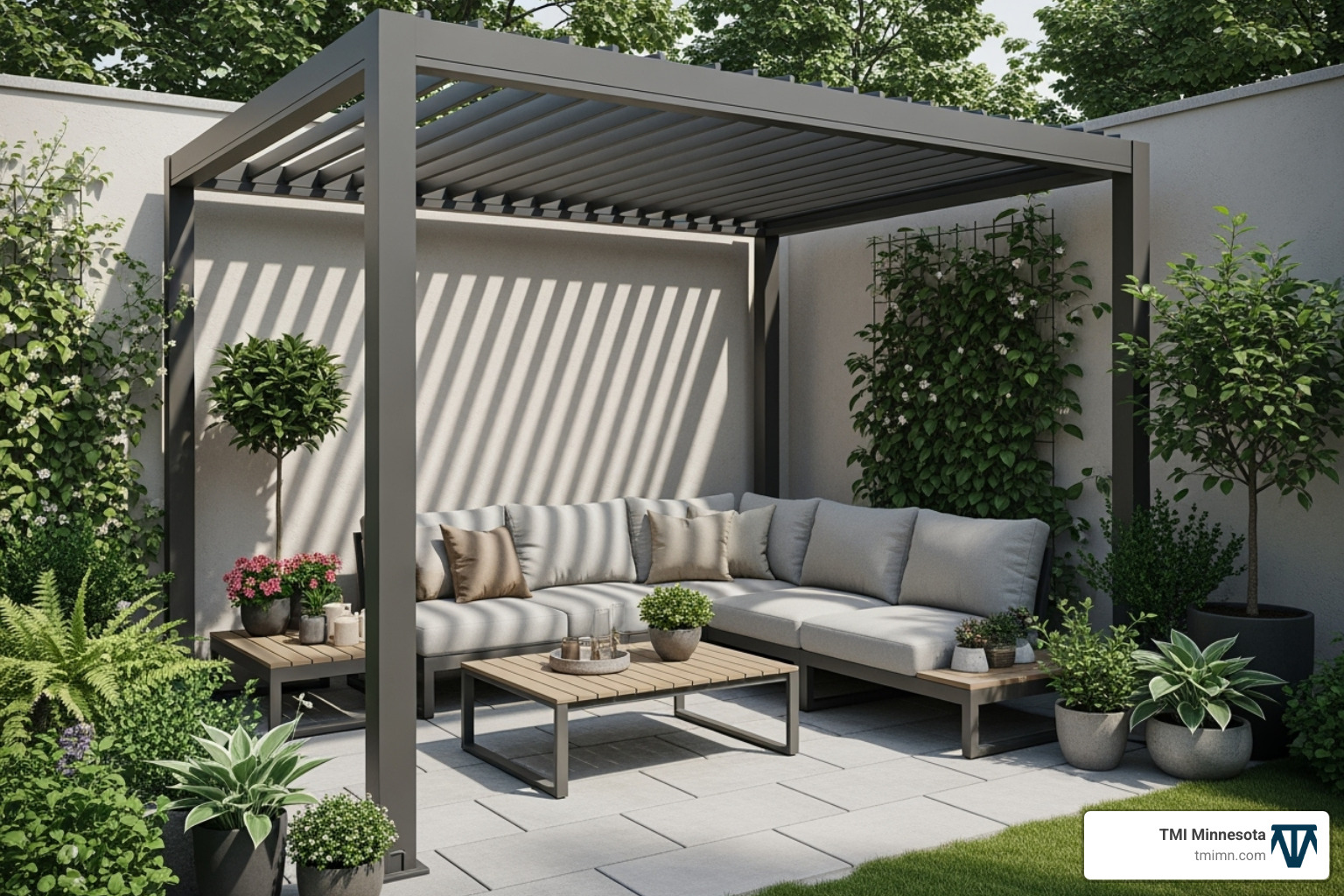image of a modern louvered pergola in a small patio setting - unique garden features