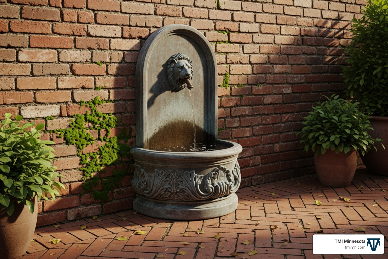 image of a stylish wall-mounted fountain on a brick patio - unique garden features