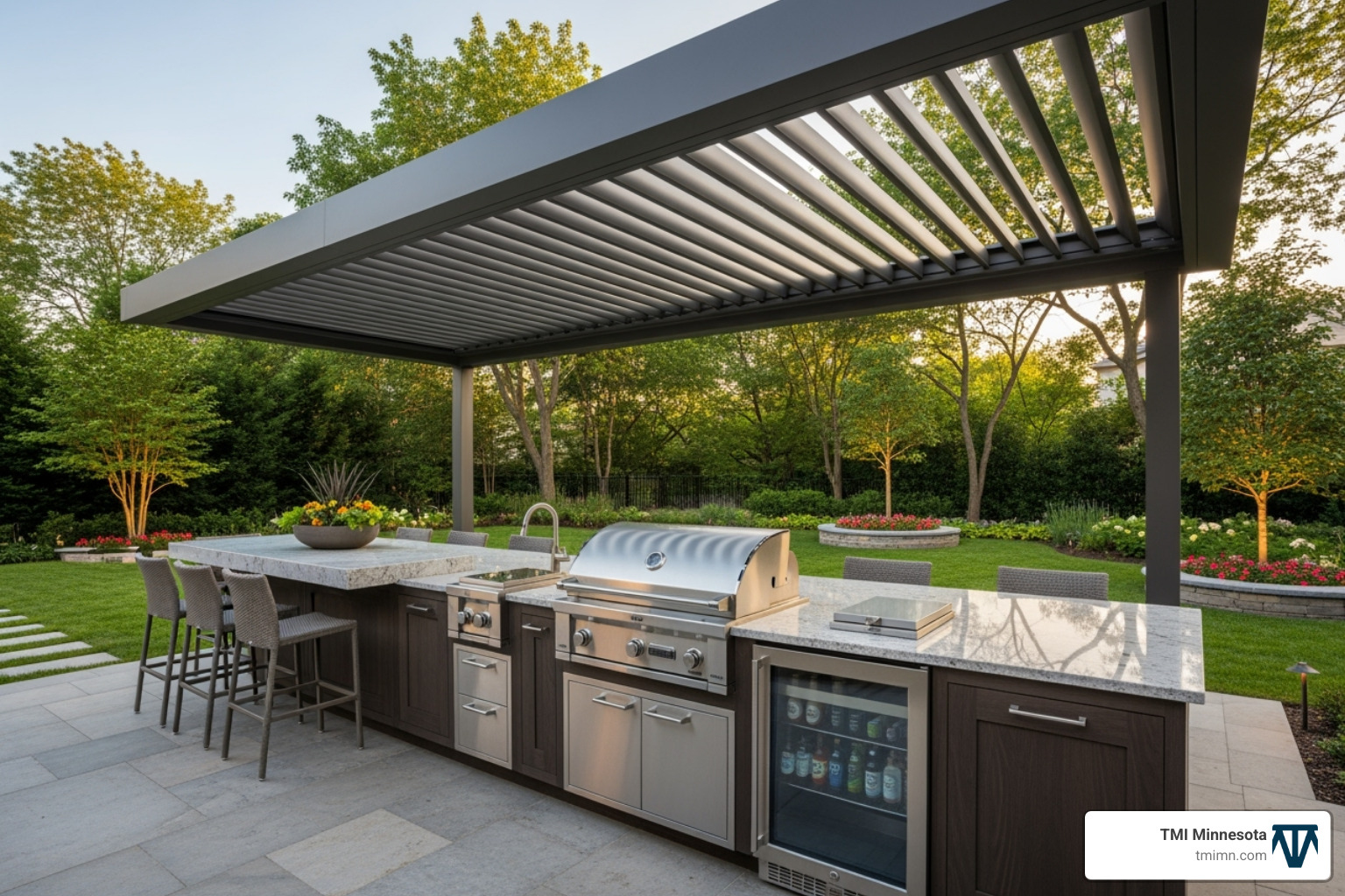 Beautiful, modern outdoor kitchen under a large louvered pergola - patio pergola