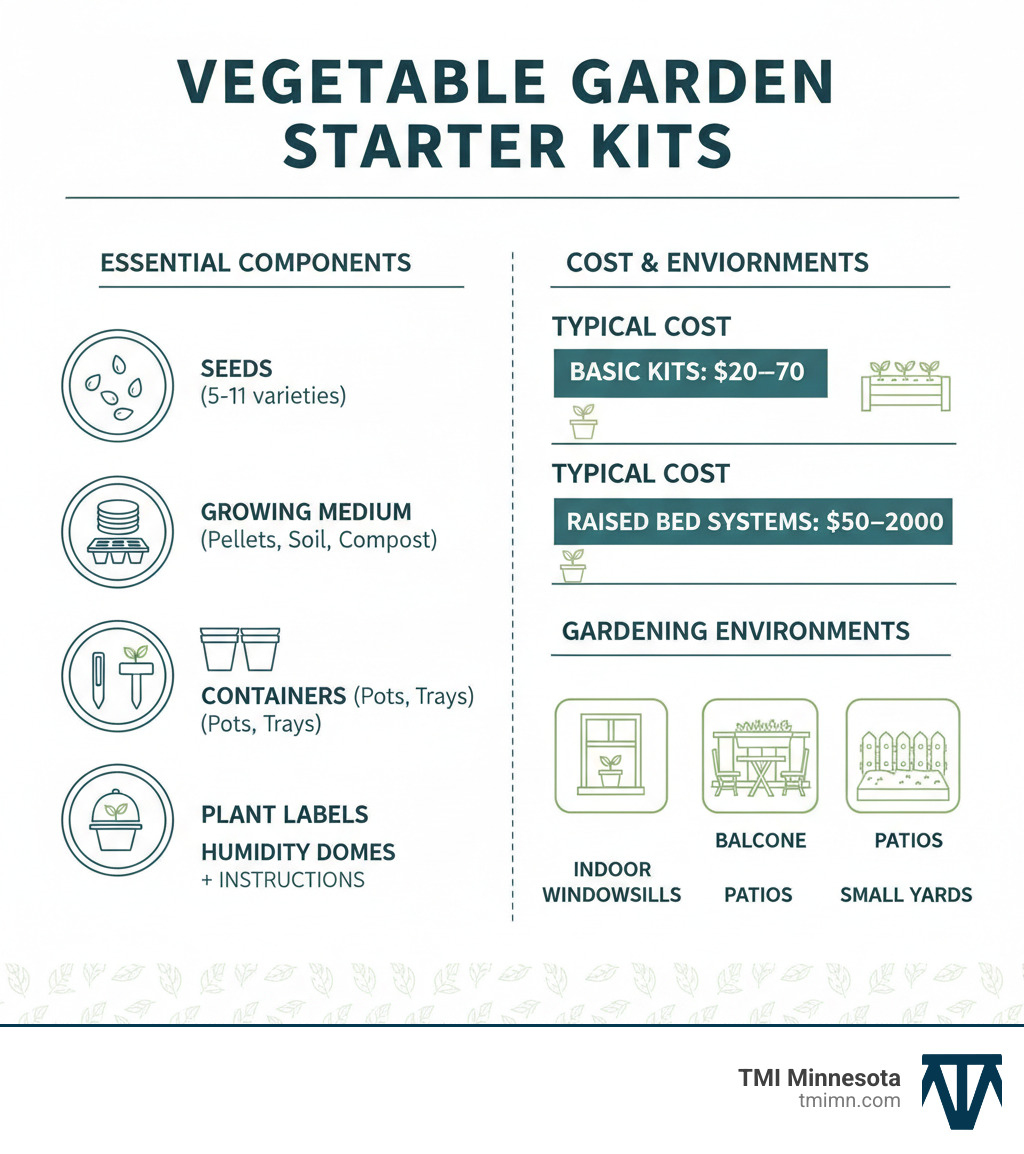 Infographic showing the essential components of vegetable garden starter kits: seeds (typically 5-11 heirloom or organic varieties), growing medium (peat pellets, soil discs, or compost), containers (biodegradable pots or seed trays), plant labels for organization, humidity domes for germination, and detailed instructions. The infographic also displays the typical cost range of $20-$70 for basic kits and $50-$200 for raised bed systems, along with icons representing different gardening environments: indoor windowsills, balconies, patios, and small yards. - vegetable garden starter kits infographic Infographic showing the essential components of vegetable garden starter kits: seeds (typically 5-11 heirloom or organic varieties), growing medium (peat pellets, soil discs, or compost), containers (biodegradable pots or seed trays), plant labels for organization, humidity domes for germination, and detailed instructions. The infographic also displays the typical cost range of $20-$70 for basic kits and $50-$200 for raised bed systems, along with icons representing different gardening environments: indoor windowsills, balconies, patios, and small yards. - vegetable garden starter kits infographic
