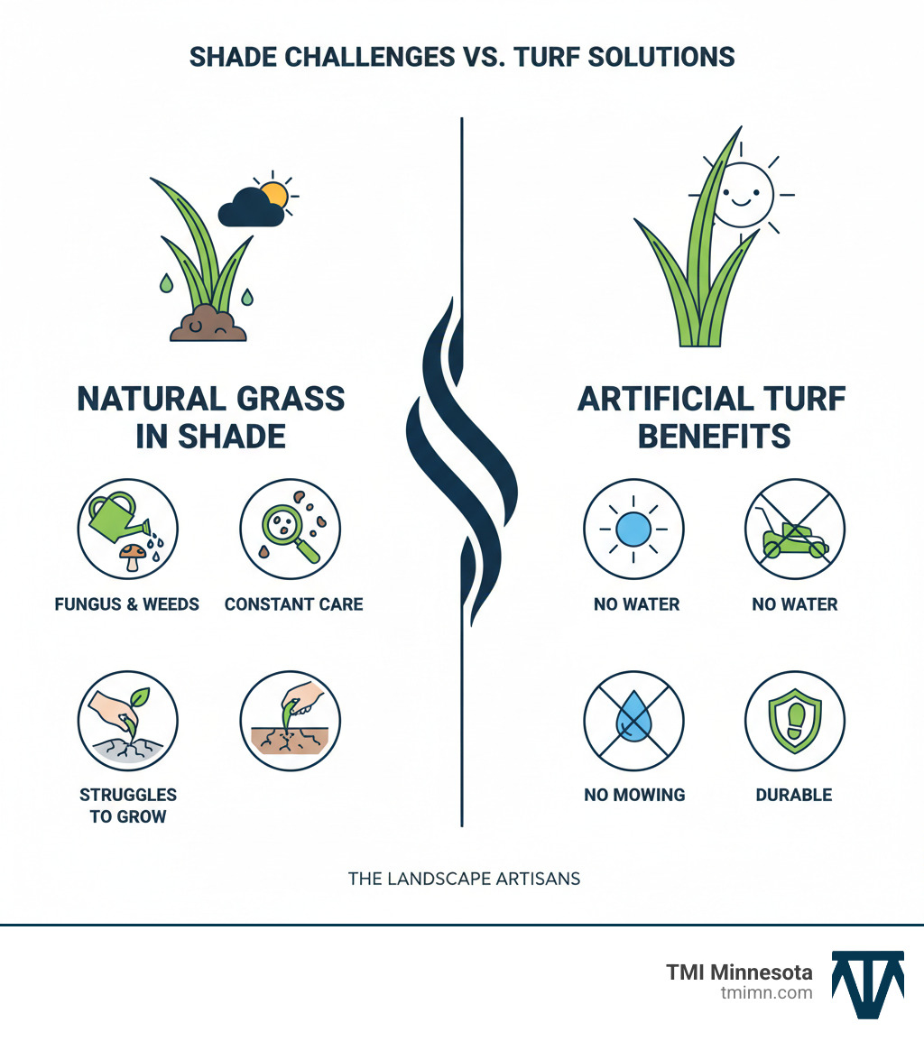 Infographic comparing natural grass challenges in shade with artificial turf benefits, highlighting no sun requirement, no water, no mowing, and durability. - best turf for shade infographic 