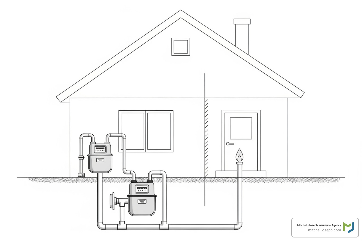 diagram showing the demarcation line between utility responsibility (main line to meter) and homeowner responsibility (meter to appliances) - gas pipe insurance