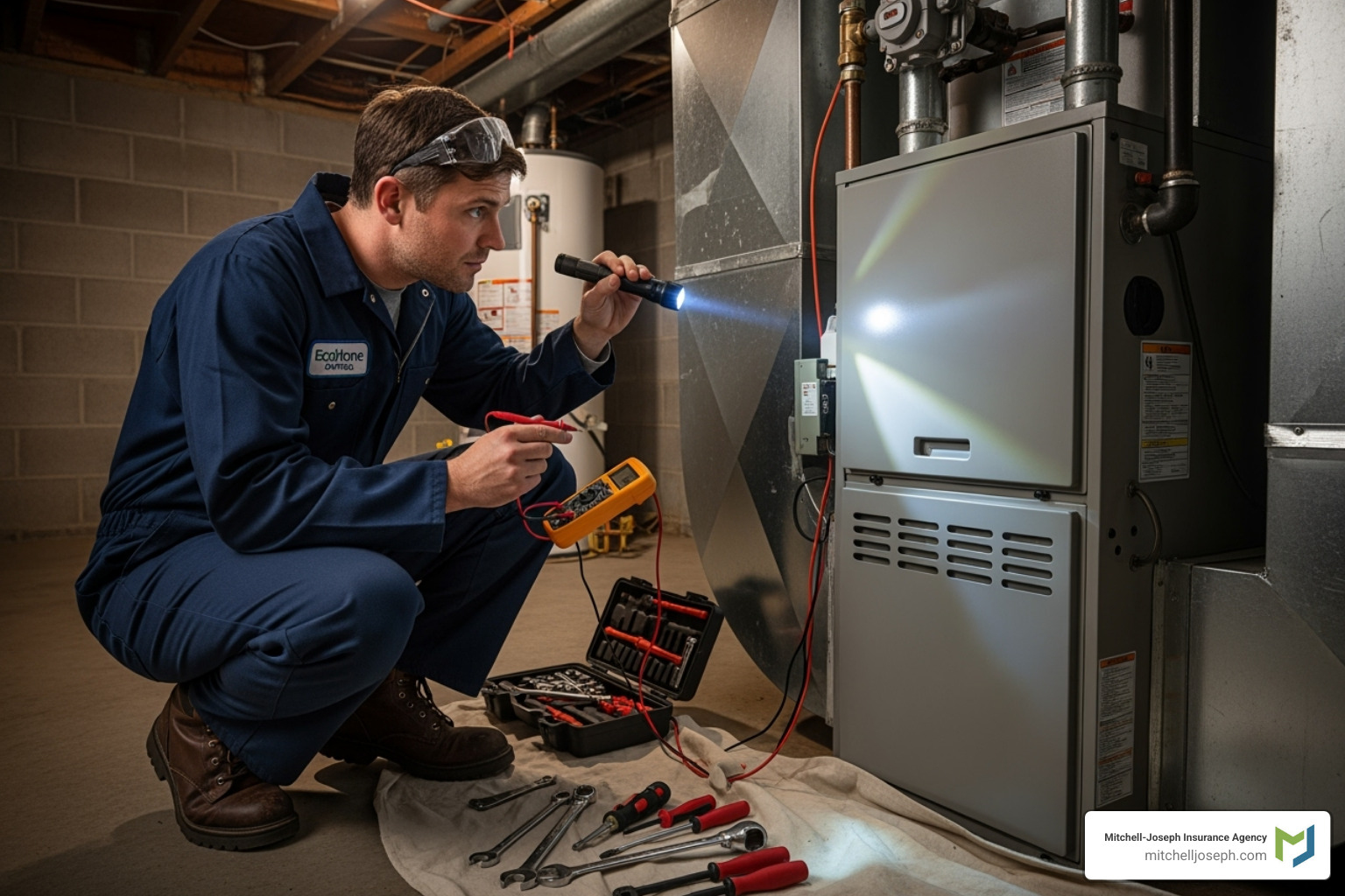 technician inspecting a home's gas furnace - gas pipe insurance