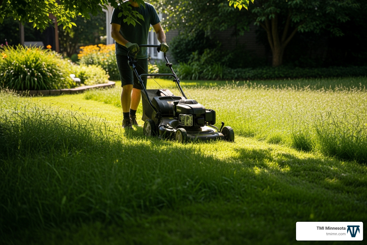someone mowing a shaded lawn at a high setting - best turf for shade