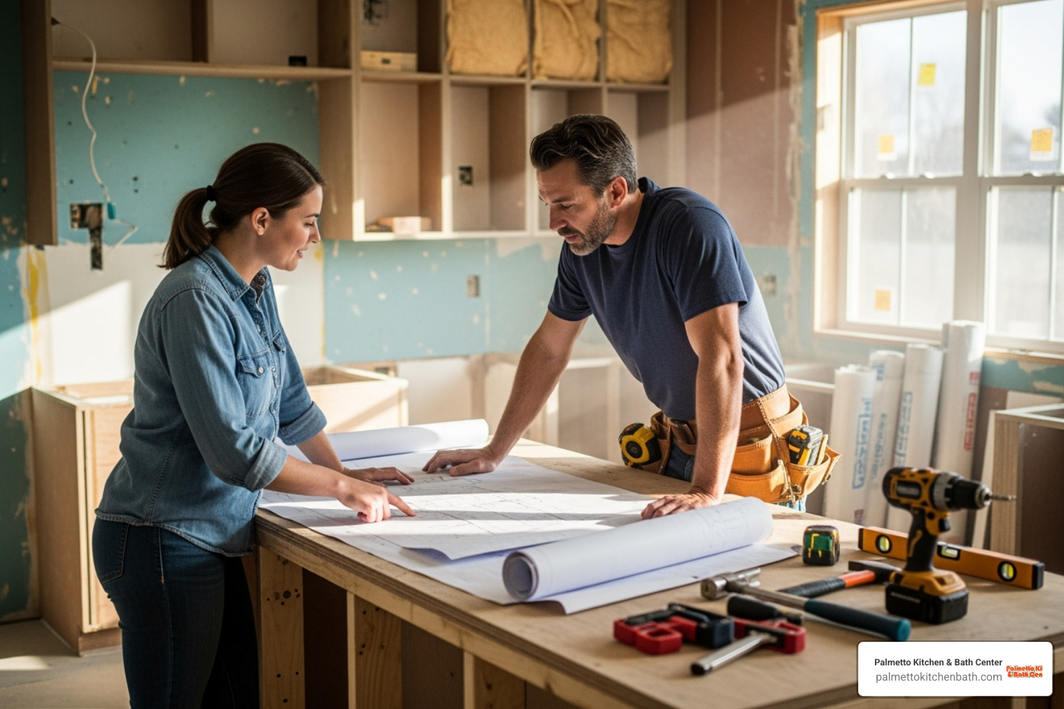 homeowner reviewing blueprints with a contractor in a kitchen under renovation - Kitchen renovation cost