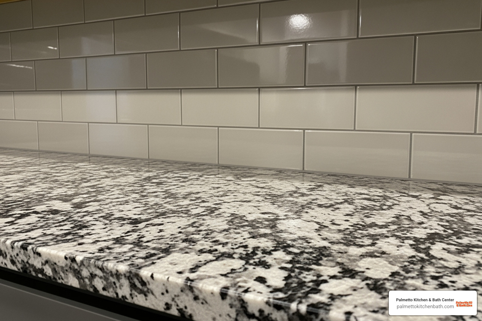 detailed shot showing a granite countertop meeting a tile backsplash - Kitchen renovation cost