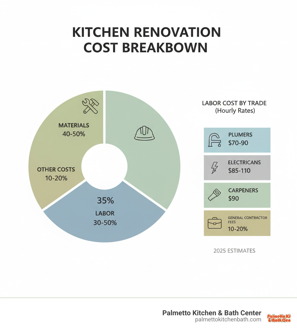 infographic showing kitchen renovation cost breakdown with labor at 30-50%, materials at 40-50%, and other costs at 10-20%, with detailed breakdown of labor costs by trade including plumbers, electricians, carpenters, and general contractor fees - kitchen renovation labor cost infographic 