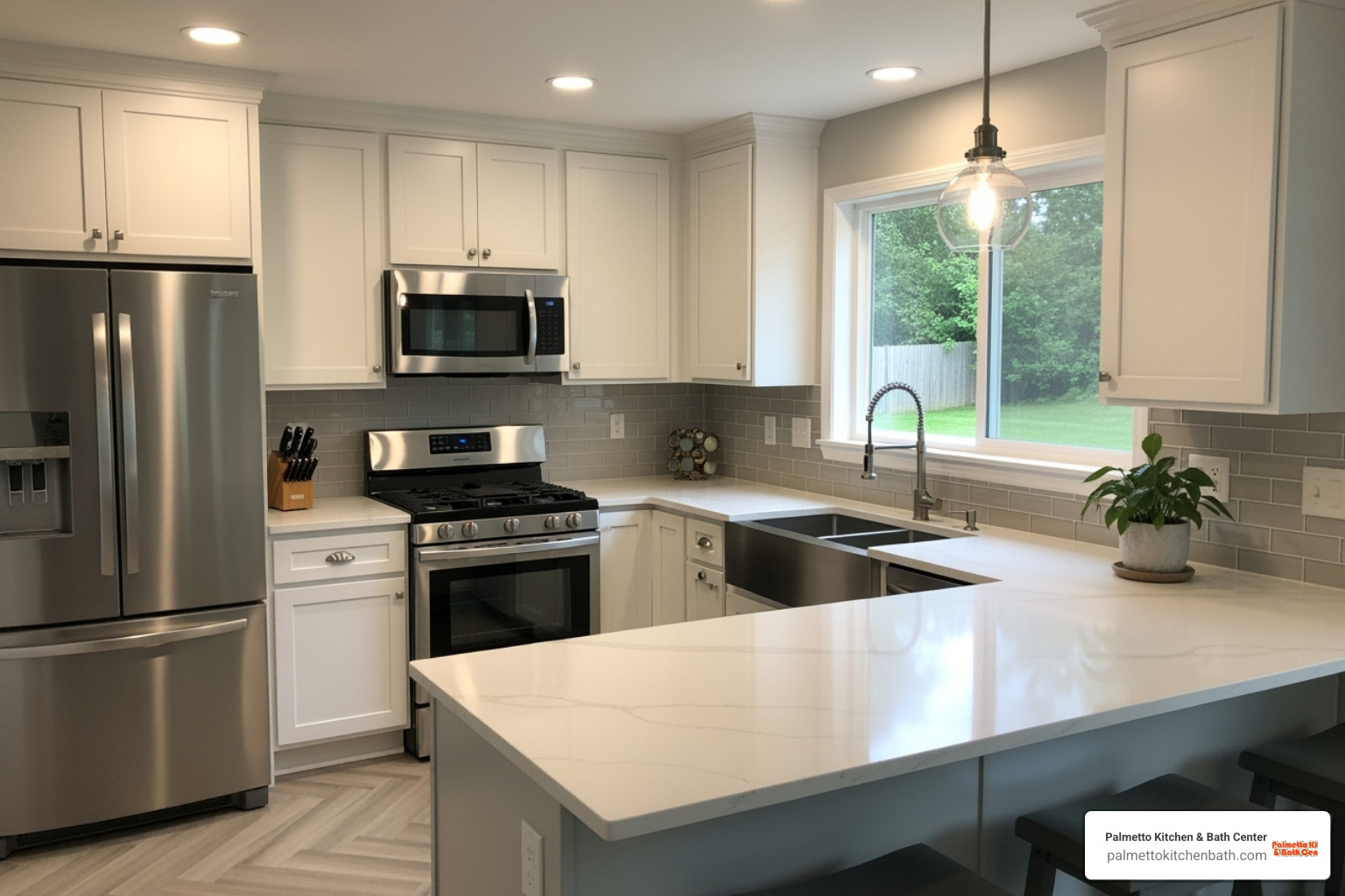 stylish mid-range kitchen with semi-custom cabinets and quartz countertops - Kitchen renovation cost