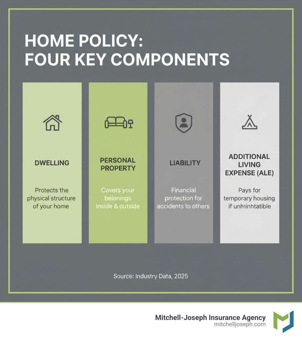 explaining the four key components of a standard home policy (Dwelling, Personal Property, Liability, ALE) - Average home insurance cost infographic 