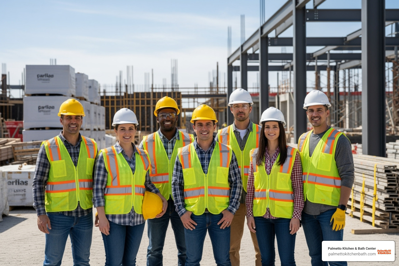 A professional, friendly construction team on a clean job site - Custom home renovation