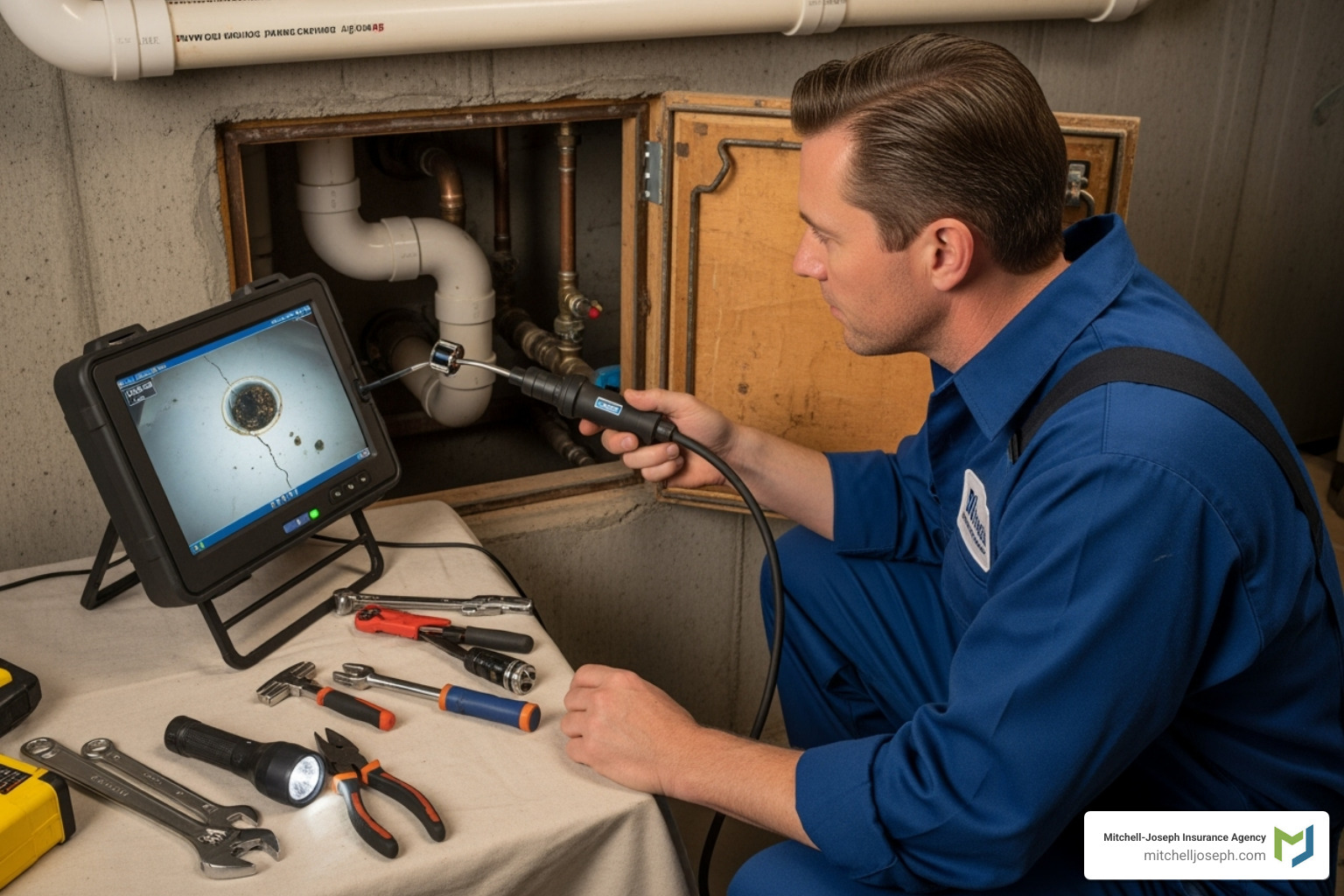 A plumber uses a video camera inspection tool to diagnose an issue inside a pipe. - water line repair near me A plumber uses a video camera inspection tool to diagnose an issue inside a pipe. - water line repair near me