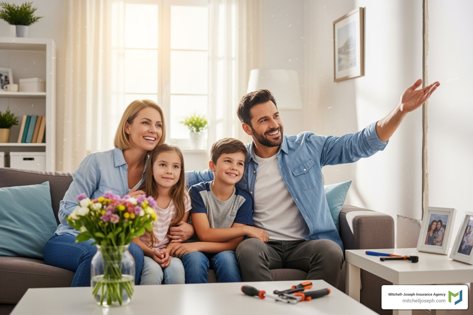 A family looks relieved and happy in their clean, dry home after a water line repair. - water line repair near me A family looks relieved and happy in their clean, dry home after a water line repair. - water line repair near me