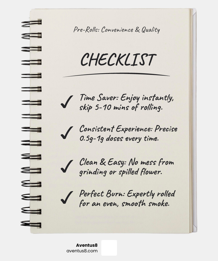 Infographic comparing pre-rolls vs rolling your own: Pre-rolls save 5-10 minutes per session, provide consistent 0.5g-1g doses, eliminate mess from grinding and spilled flower, require no rolling skill, and offer guaranteed even burn. Rolling your own requires practice, creates waste, takes time, but offers customization and potentially lower cost per gram. - pre rolls weed infographic checklist-notebook