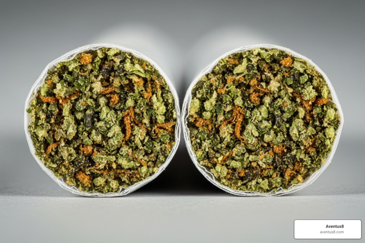 A pre-roll cut in half showing ground whole flower inside - pre rolls weed