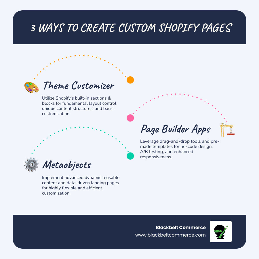 Infographic showing the three methods to create custom pages in Shopify: 1) Theme Customizer with sections and blocks for basic customization, 2) Page Builder Apps for drag-and-drop no-code design with templates, and 3) Metaobjects for dynamic reusable content and advanced landing pages. Each method shows key benefits and best use cases. - create custom page in shopify infographic infographic-line-3-steps-blues-accent_colors
