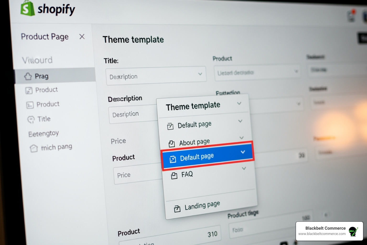 Image of the 'Theme template' dropdown selector on a Shopify page admin screen - create custom page in shopify
