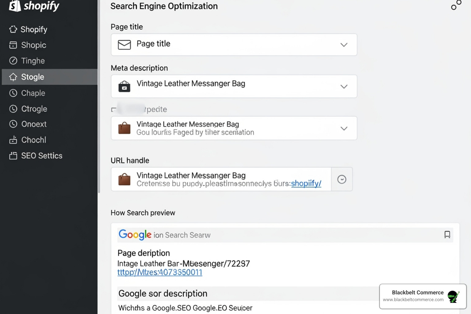 Image of the 'Search engine listing preview' section in the Shopify page admin - create custom page in shopify