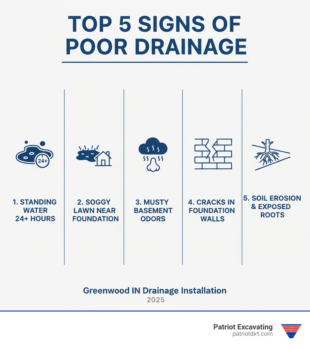 Infographic showing the top 5 signs of poor drainage: 1. Standing water remaining 24+ hours after rain, 2. Soggy or spongy lawn areas near foundation, 3. Musty odors or dampness in basement, 4. Visible cracks in foundation walls, 5. Soil erosion or exposed tree roots in yard - Greenwood IN drainage installation infographic Infographic showing the top 5 signs of poor drainage: 1. Standing water remaining 24+ hours after rain, 2. Soggy or spongy lawn areas near foundation, 3. Musty odors or dampness in basement, 4. Visible cracks in foundation walls, 5. Soil erosion or exposed tree roots in yard - Greenwood IN drainage installation infographic
