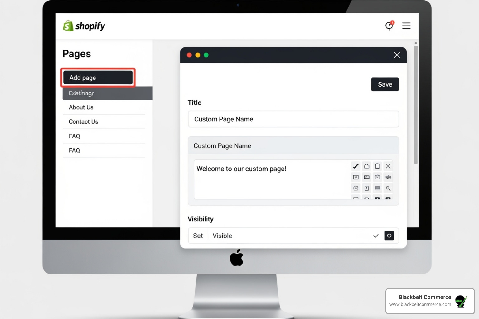 Image of the 'Create template' button in the Shopify customizer dropdown - create custom page in shopify