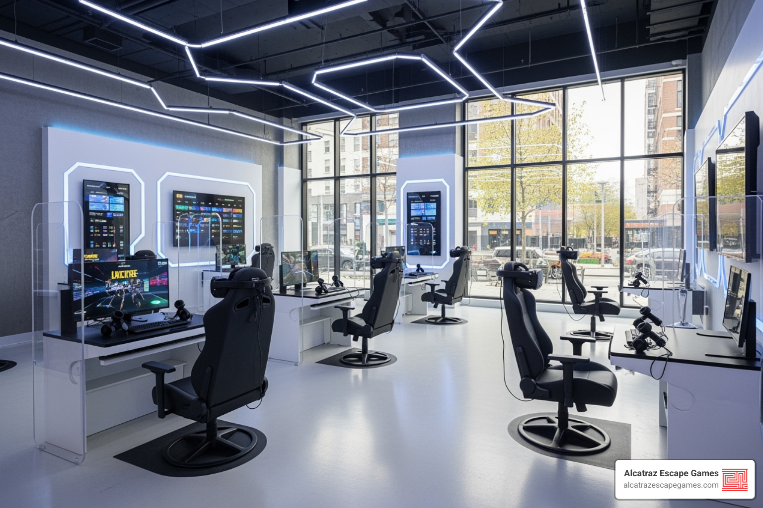 clean, modern VR arcade with multiple player stations - vr escape room franchise