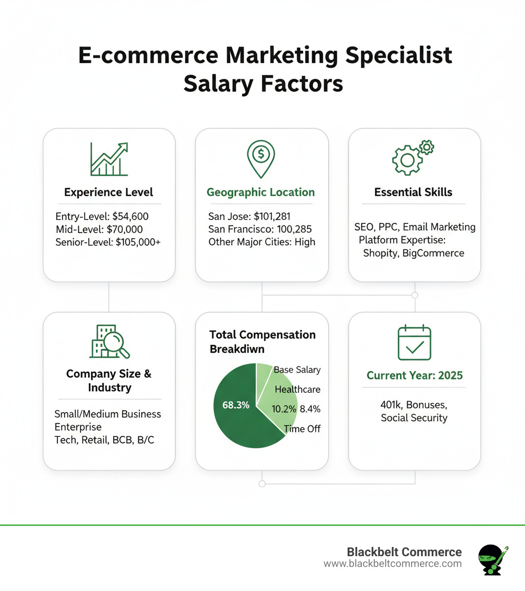 Infographic showing key factors influencing e-commerce marketing specialist salary, including experience level ranging from entry-level at $54,600 to senior at $105,000+, geographic location with highest paying cities like San Jose at $101,281 and San Francisco at $100,285, essential skills including SEO, PPC, email marketing, and platform expertise in Shopify and BigCommerce, company size and industry sector, and total compensation breakdown showing base salary at 68.3%, healthcare at 10.2%, time off at 8.4%, and other benefits including 401k, bonuses, and social security - ecommerce marketing specialist salary infographic Infographic showing key factors influencing e-commerce marketing specialist salary, including experience level ranging from entry-level at $54,600 to senior at $105,000+, geographic location with highest paying cities like San Jose at $101,281 and San Francisco at $100,285, essential skills including SEO, PPC, email marketing, and platform expertise in Shopify and BigCommerce, company size and industry sector, and total compensation breakdown showing base salary at 68.3%, healthcare at 10.2%, time off at 8.4%, and other benefits including 401k, bonuses, and social security - ecommerce marketing specialist salary infographic