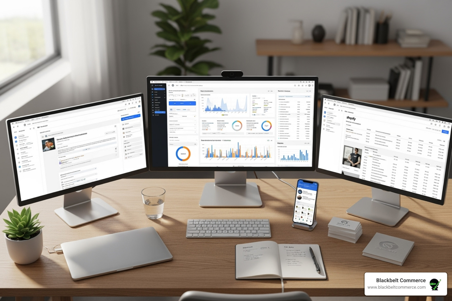marketing specialist's desk with multiple screens showing analytics, an email campaign, and a Shopify dashboard - ecommerce marketing specialist salary marketing specialist's desk with multiple screens showing analytics, an email campaign, and a Shopify dashboard - ecommerce marketing specialist salary