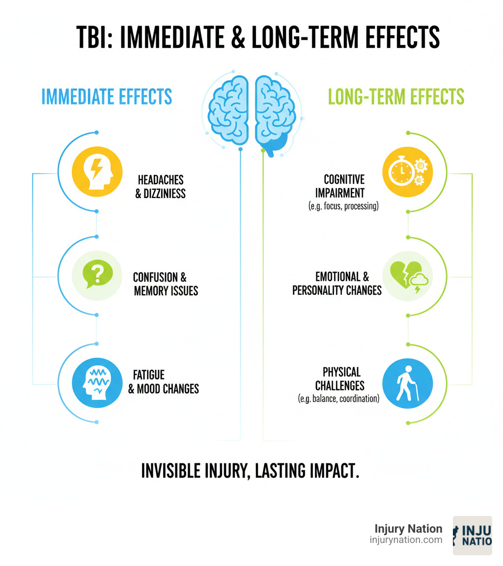 Infographic explaining the immediate and long-term effects of a traumatic brain injury (TBI) - brain injury lawyer infographic 