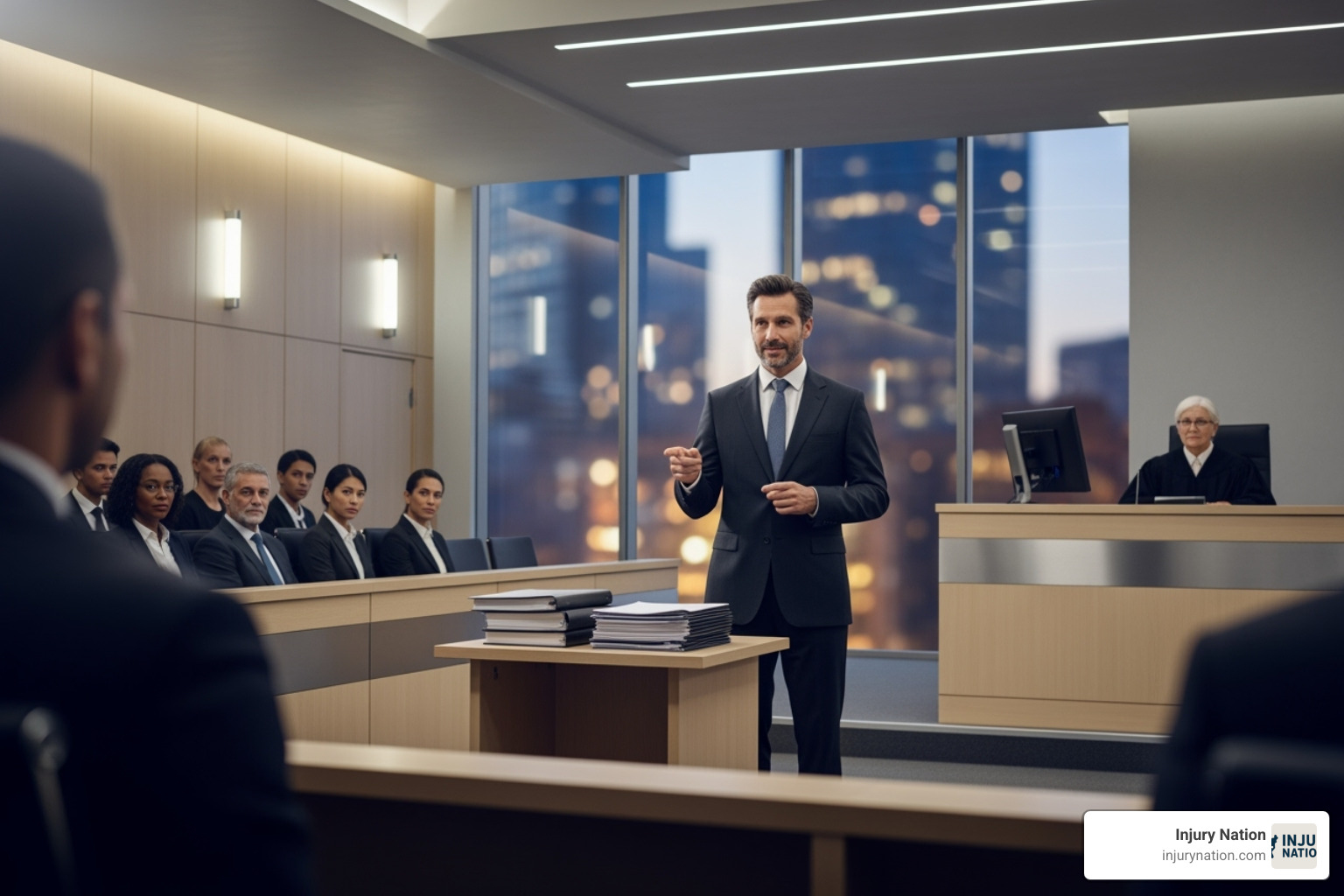 A specialized brain injury lawyer confidently presenting a case in a courtroom setting - brain injury lawyer