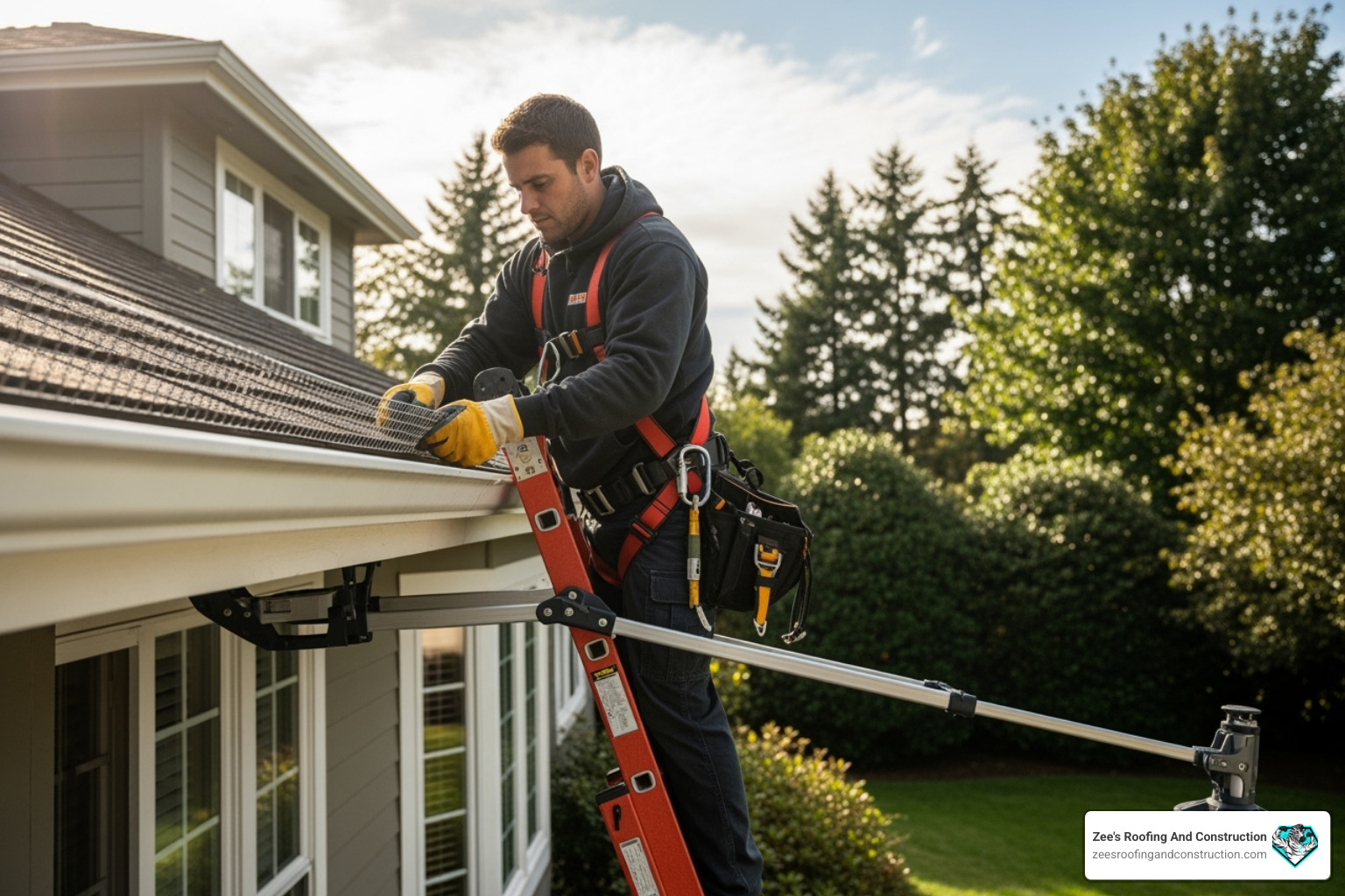 person safely installing a gutter guard section - how to install gutter guard person safely installing a gutter guard section - how to install gutter guard