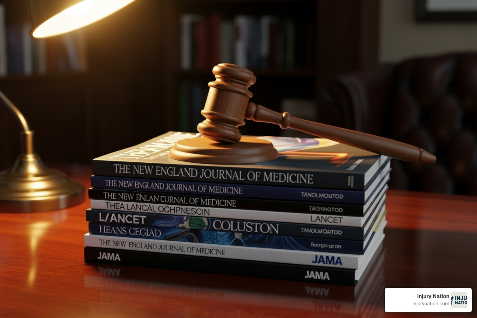 Image of a gavel resting on a stack of medical journals - Medical error attorney