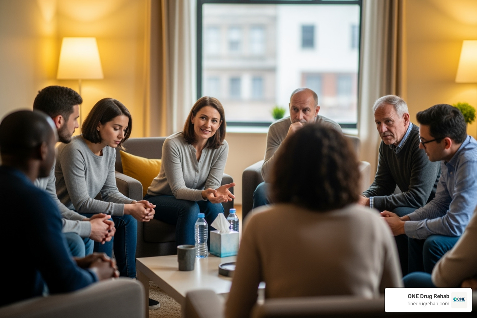 Image of a diverse group of people in a support meeting setting - self help addiction Image of a diverse group of people in a support meeting setting - self help addiction