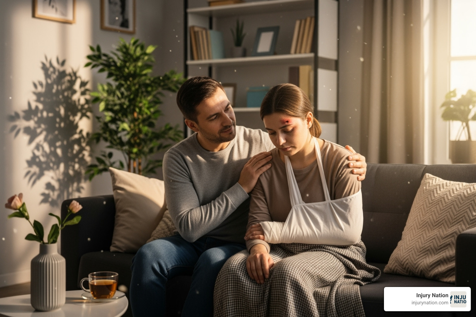 Supportive family member comforting an injured person - Medical malpractice damages