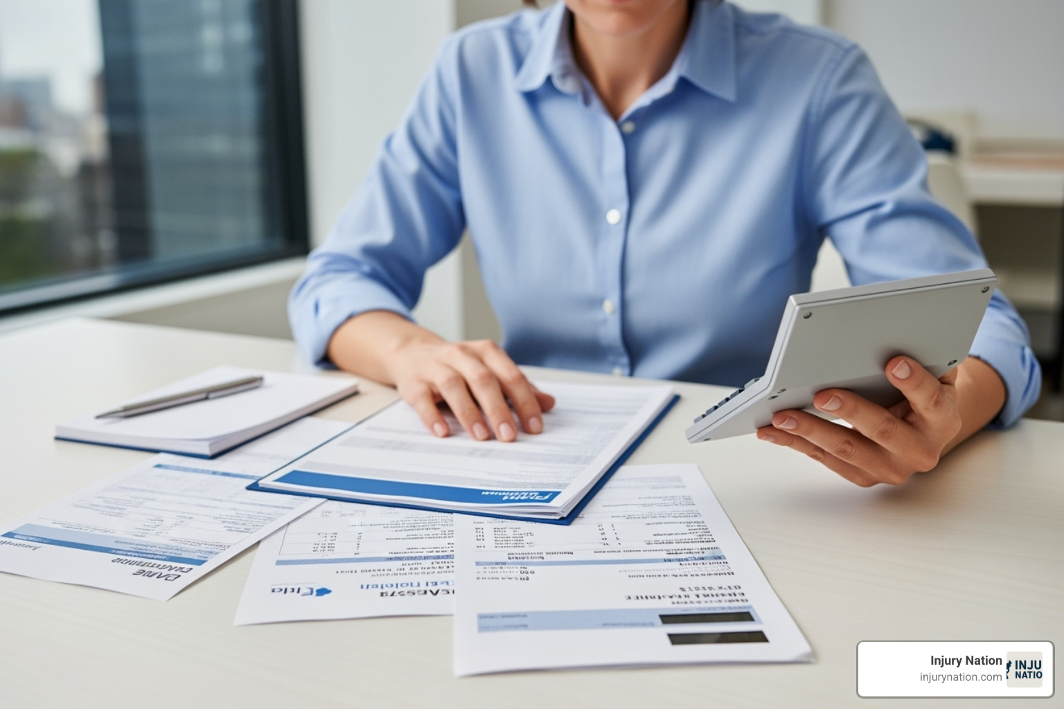 Person reviewing medical bills with a calculator - Medical malpractice damages