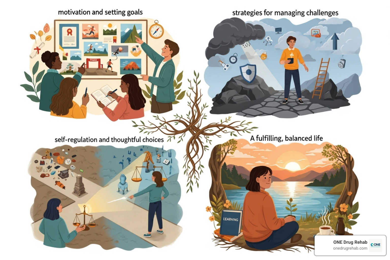 Image illustrating the four points of the SMART Recovery program - self help addiction Image illustrating the four points of the SMART Recovery program - self help addiction